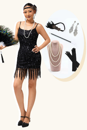 Preto Esparguete Correias Franjas Sequins 1920s Vestido com Acessórios set